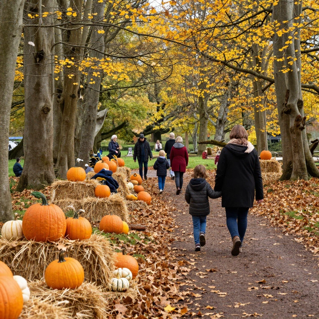 Autumn pumpkin trail winding through the woodland at Clyst Valley Park