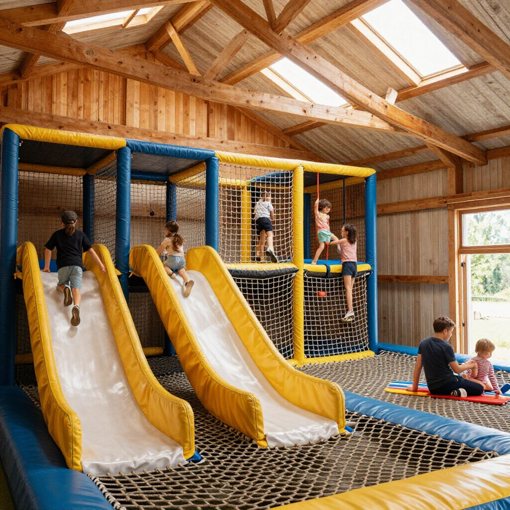 Children climbing rope nets inside the heated indoor play barn
