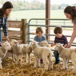 Children meeting newborn lambs in the spring barn at Clyst Valley Park