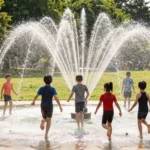 Children running through the outdoor splash pad on a summer afternoon