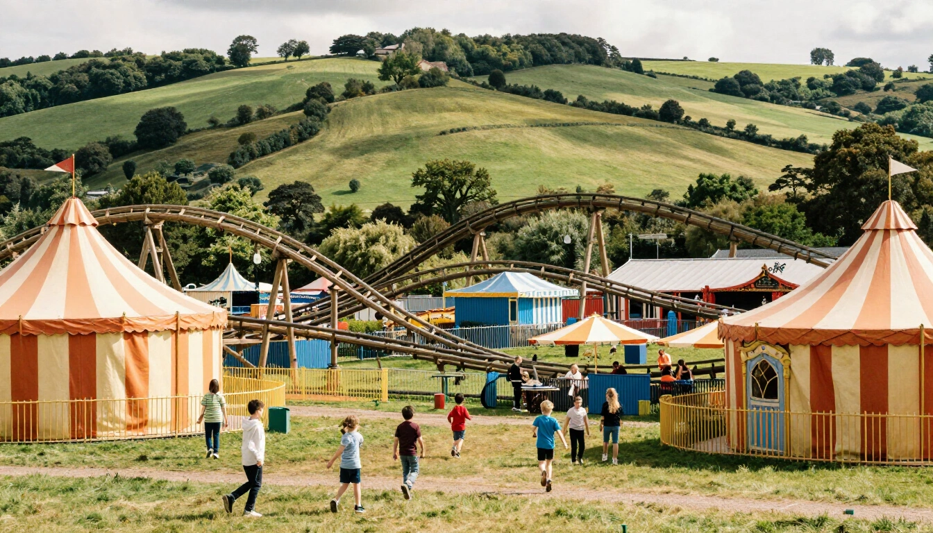 Clyst Valley Park seen across the Devon countryside with rides and rolling hills behind