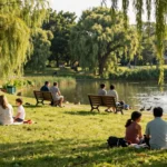 Families picnicking beside the lake at Clyst Valley Park in late afternoon light