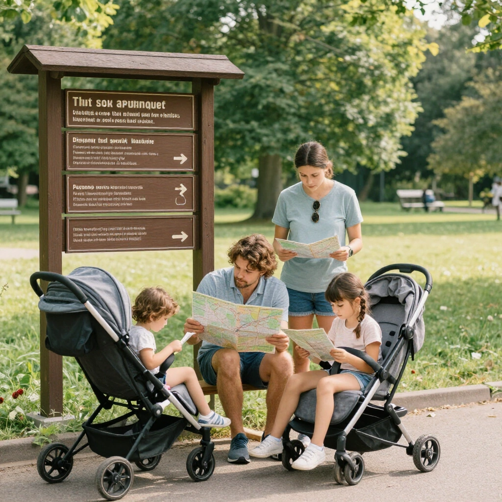 Family reading a paper park map beside the wooden signpost at the park entrance