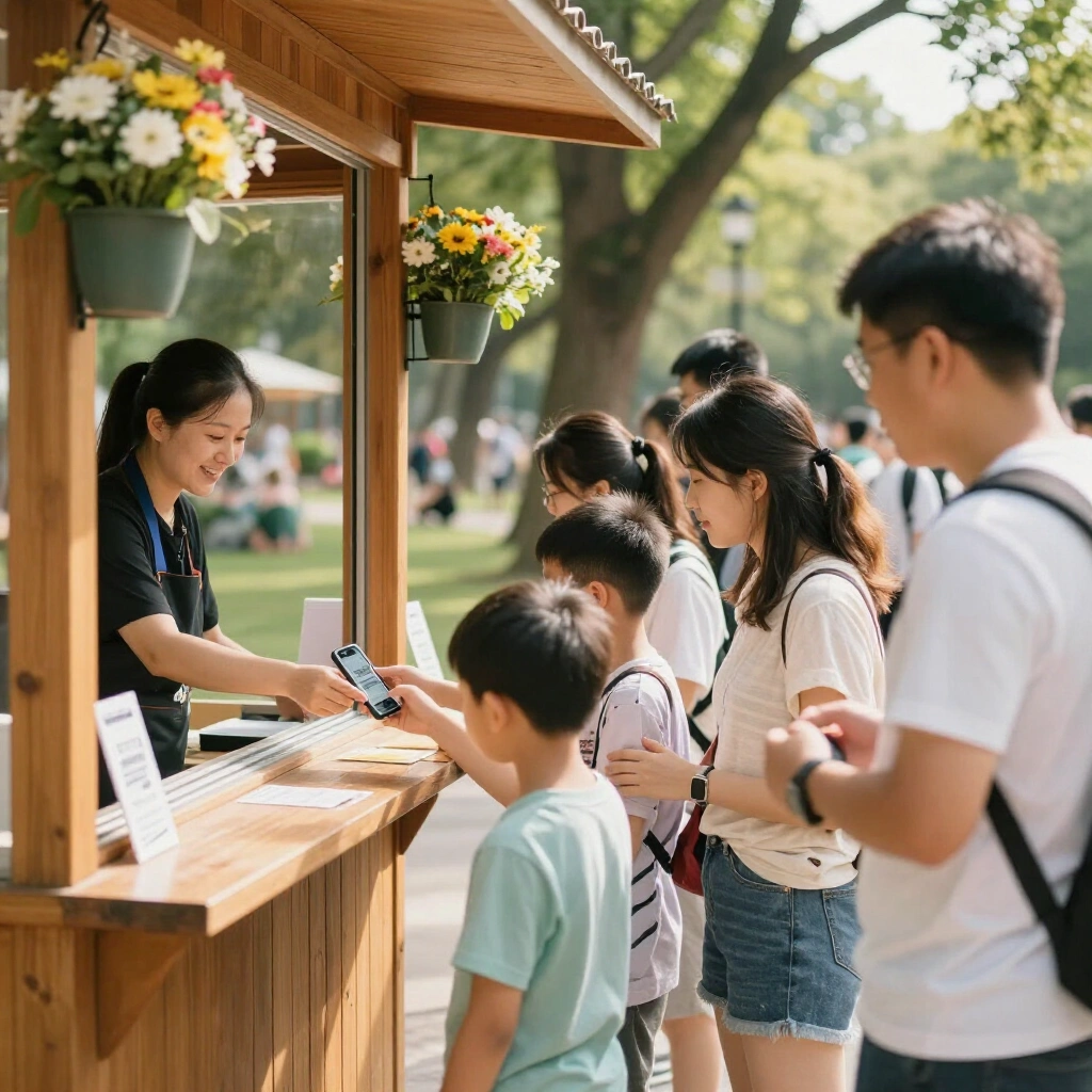 Family scanning a phone ticket at the Clyst Valley Park entrance kiosk