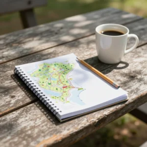 Notebook, folded park map and pencil on a picnic table in dappled shade