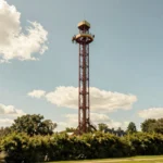 The Valley Drop tower rising above green parkland under a blue sky