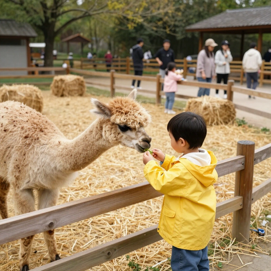 Toddler in a yellow raincoat feeding an alpaca at the park farmyard fence