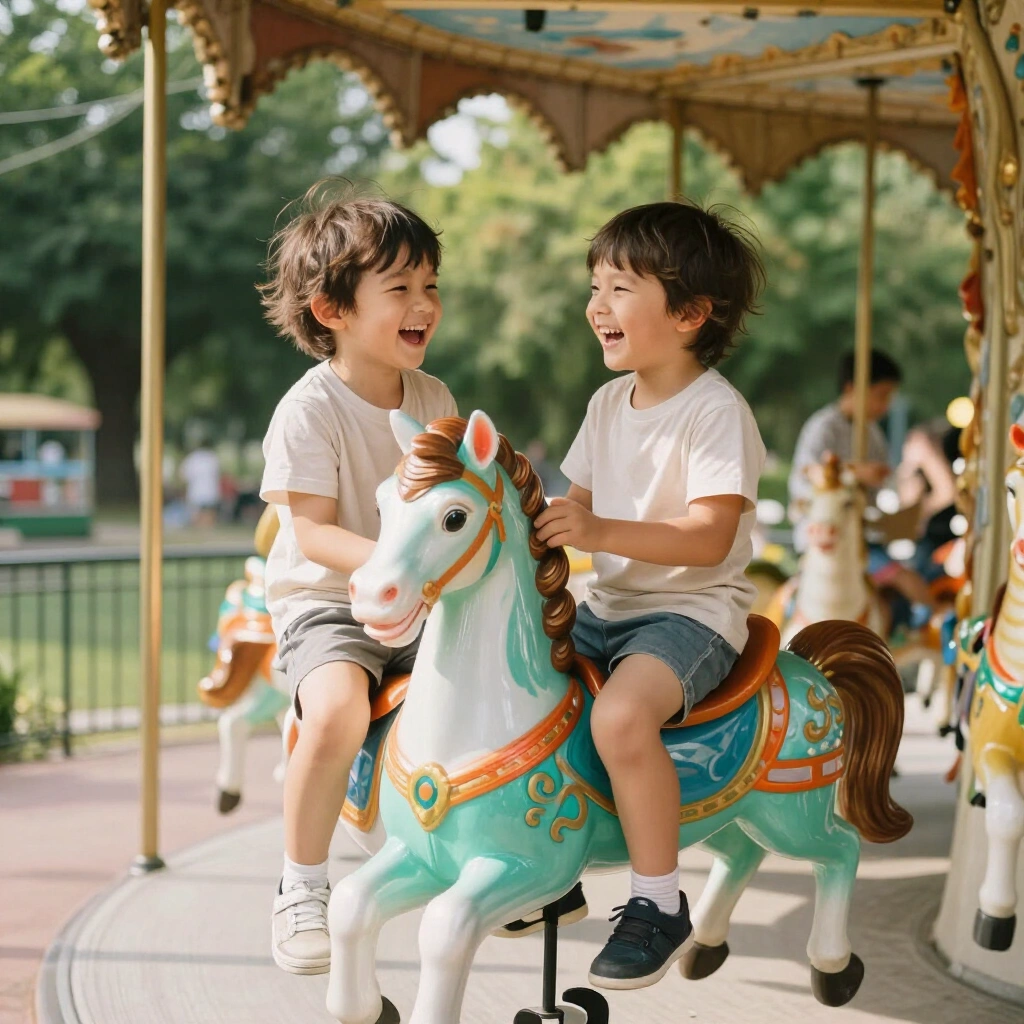 Two children laughing on a painted carousel horse at Clyst Valley Park